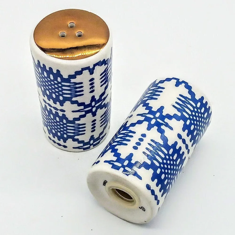 Blue White Ceramic Gold Top Salt Pepper Shakers